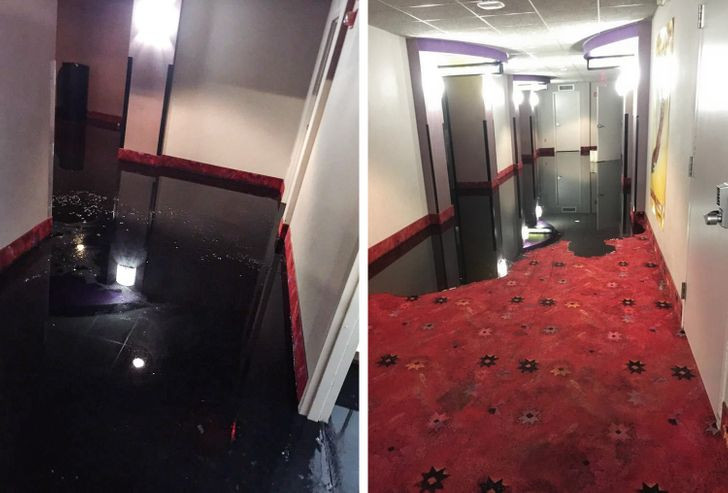 19. Kjo dysheme me pllaka të zeza duket mirë, por fatkeqësisht, është një rrjedhje e ujërave të zeza në një kinema.